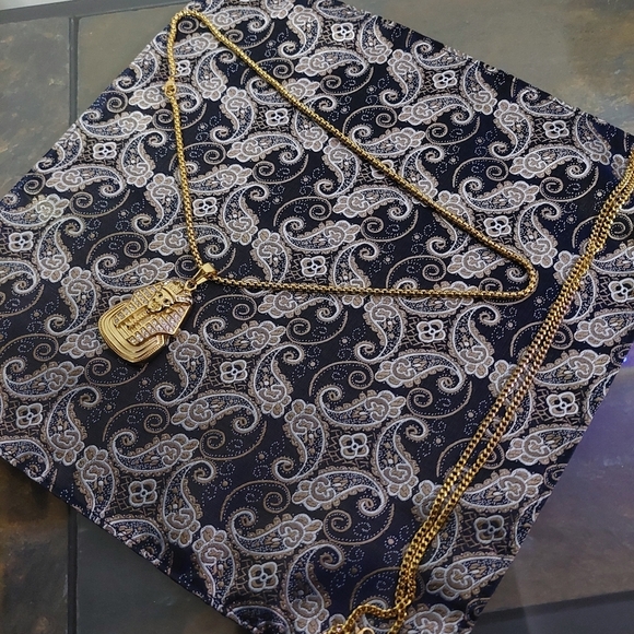 18K Gold Plated Egyptian Pharoah Pendant Necklace Cubic Zircon Crystals - Picture 5 of 9